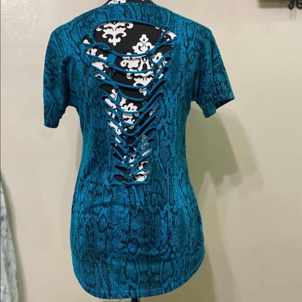 Unique turquoise And Black Snakeskin Top With Strappy Back Size S